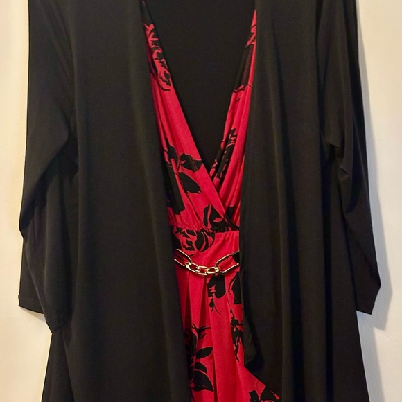 Jaclyn Smith Collection XL Red Black Floral Faux Wrap Dress Overlay Cardigan - Picture 14 of 16